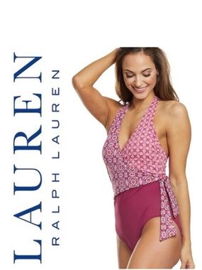 NWT Lauren Ralph Lauren Tile-Print Halter-Neck Tummy-Control One-Piece Swimsuit